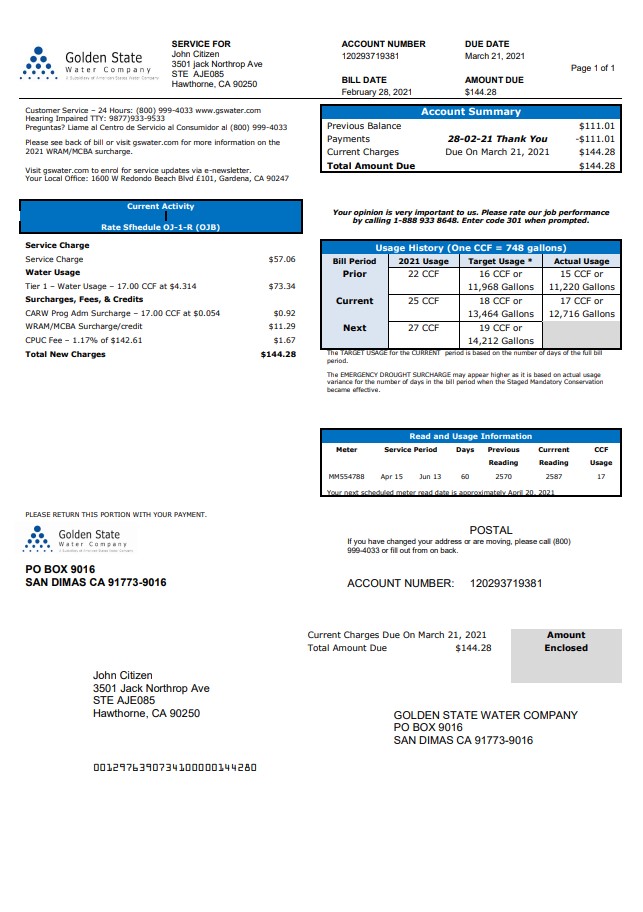 USA California Golden State Water Company utility bill template in .doc and .pdf format